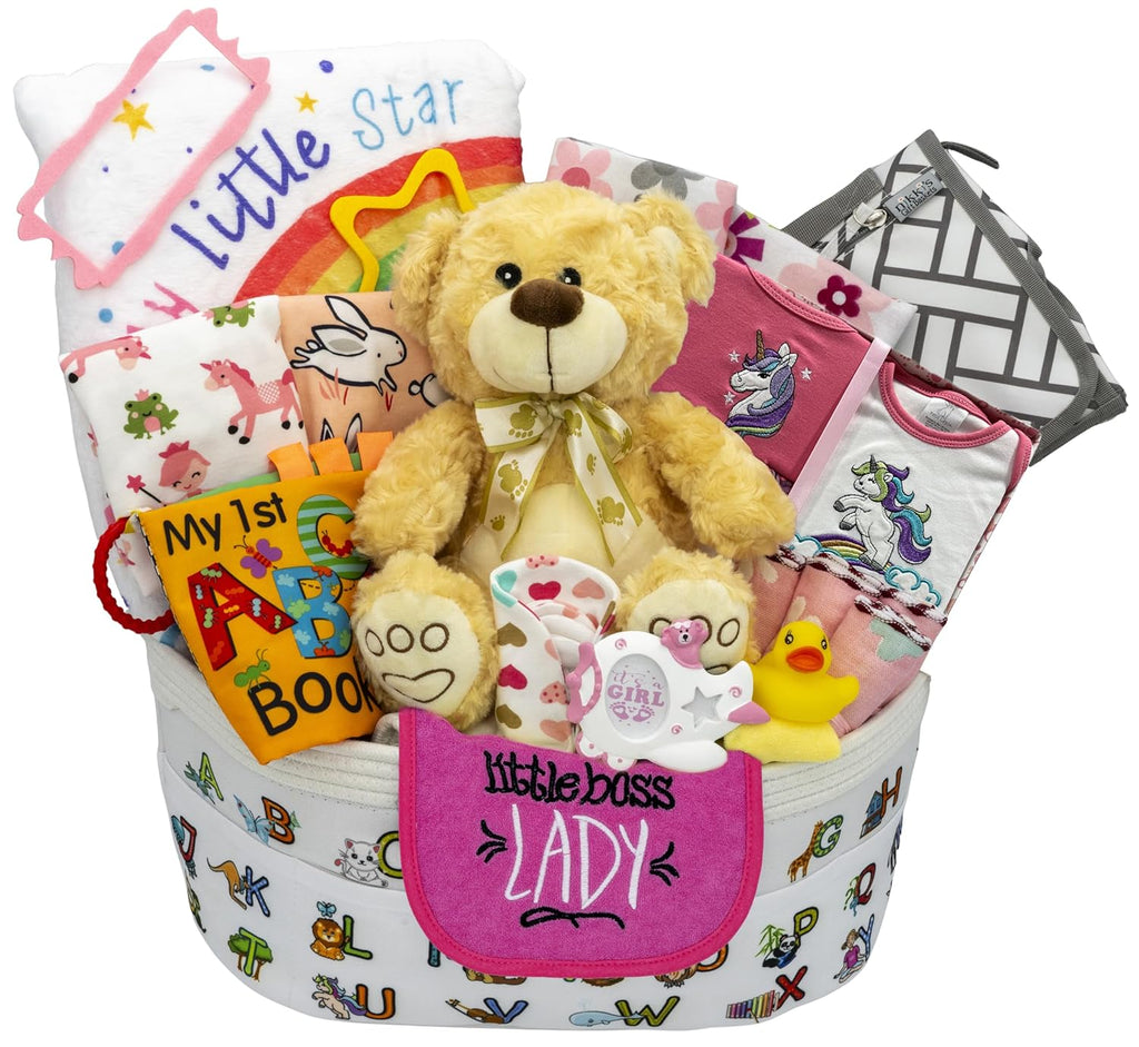 Bundle of Joy Deluxe New Baby Girl Gift Set | Baby Essentials for Expecting Moms & Parents | 25-Piece Newborn Gift Basket Hamper Layette Set for Gender Reveal | Pink -