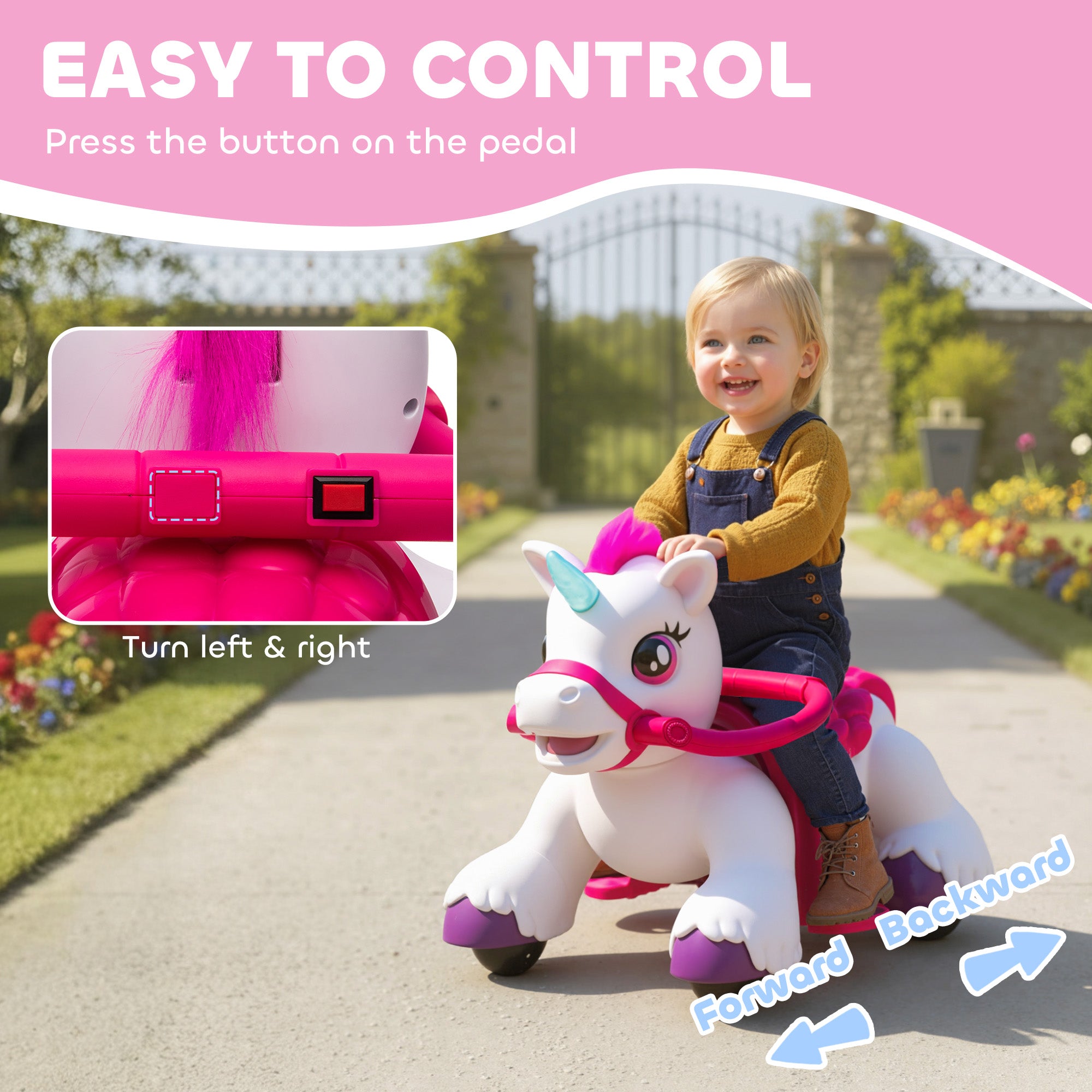 12V Unicorn Ride on Horse with Carrot Toy, Comb, Animal Sounds, for Girls Boys Aged 1.5-3 Years Old