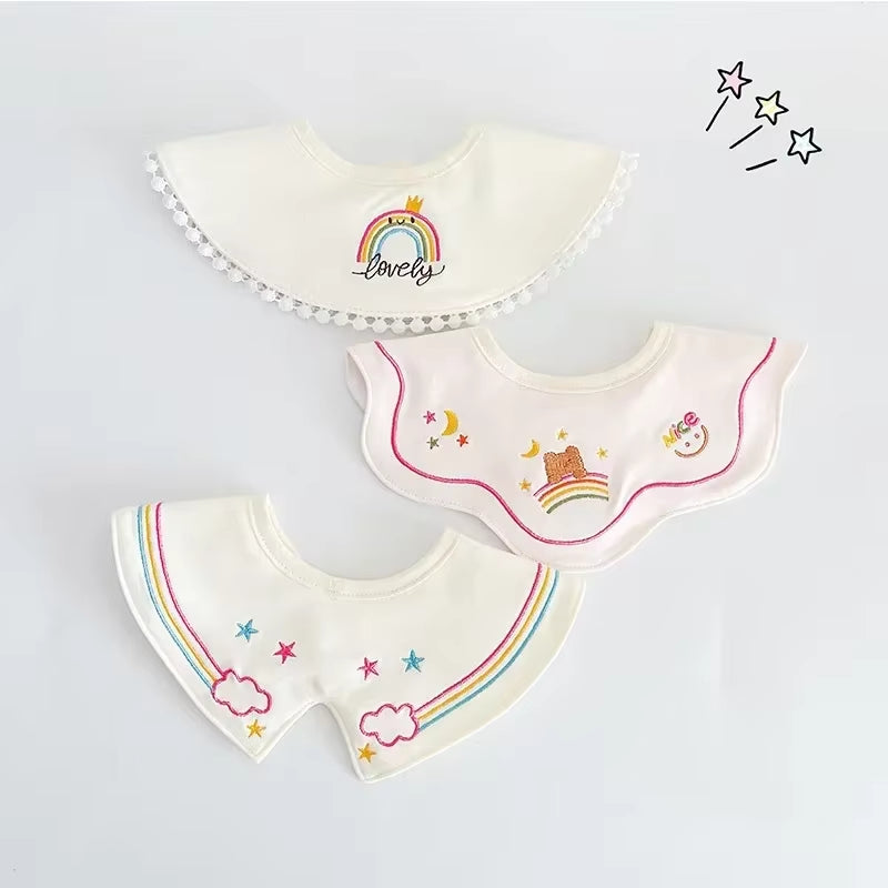 3PCS Korean Cotton Baby Bib Prince Cotton Embroidered Bibs Baby Saliva Towel Boys and Girls Waterproof Flower Fake Collar Bibs