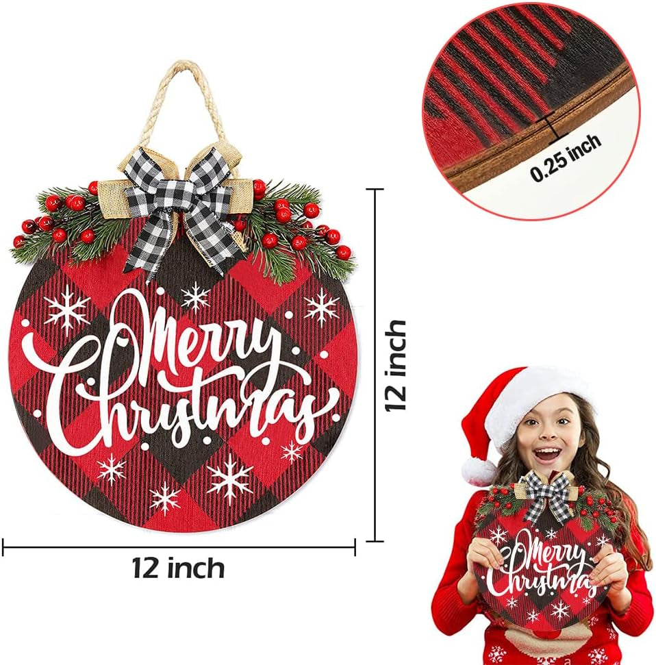 Merry Christmas Decorations Wreath, Merry Christmas Buffalo Plaid Hanging Sign Rustic Wooden Holiday Decor for Front Door Porch Home Window Wall Farmhouse Indoor Outdoor Decorations
