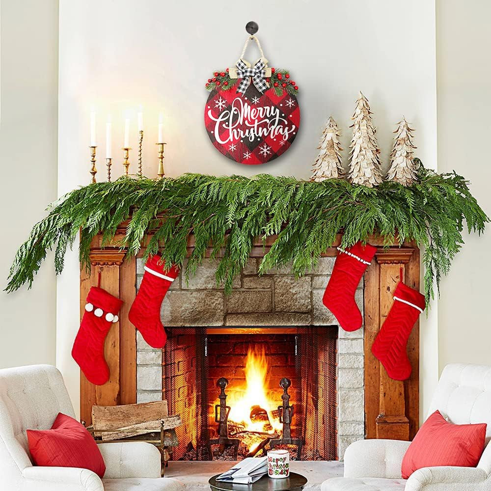 Merry Christmas Decorations Wreath, Merry Christmas Buffalo Plaid Hanging Sign Rustic Wooden Holiday Decor for Front Door Porch Home Window Wall Farmhouse Indoor Outdoor Decorations