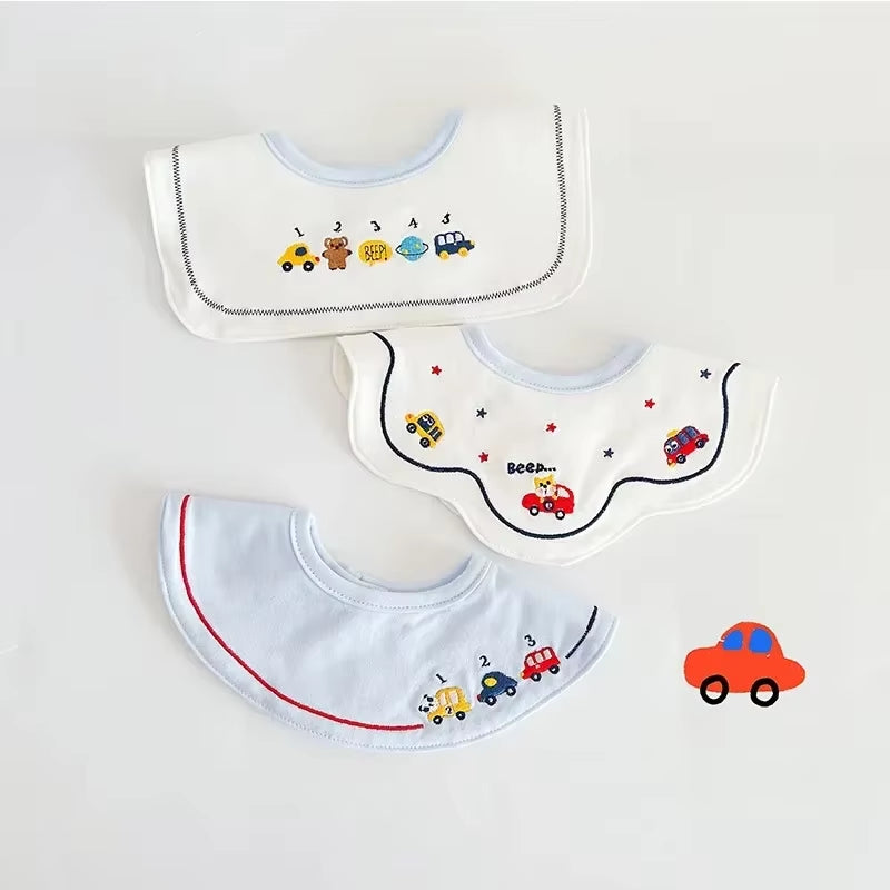 3PCS Korean Cotton Baby Bib Prince Cotton Embroidered Bibs Baby Saliva Towel Boys and Girls Waterproof Flower Fake Collar Bibs