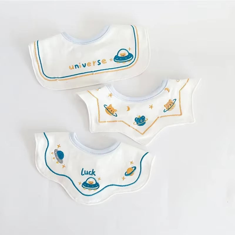 3PCS Korean Cotton Baby Bib Prince Cotton Embroidered Bibs Baby Saliva Towel Boys and Girls Waterproof Flower Fake Collar Bibs