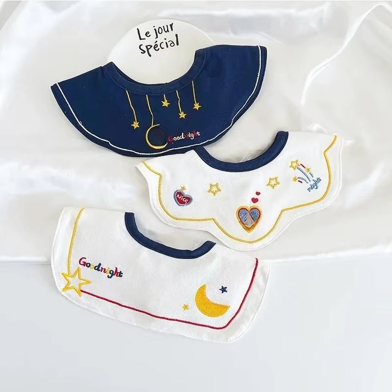 3PCS Korean Cotton Baby Bib Prince Cotton Embroidered Bibs Baby Saliva Towel Boys and Girls Waterproof Flower Fake Collar Bibs