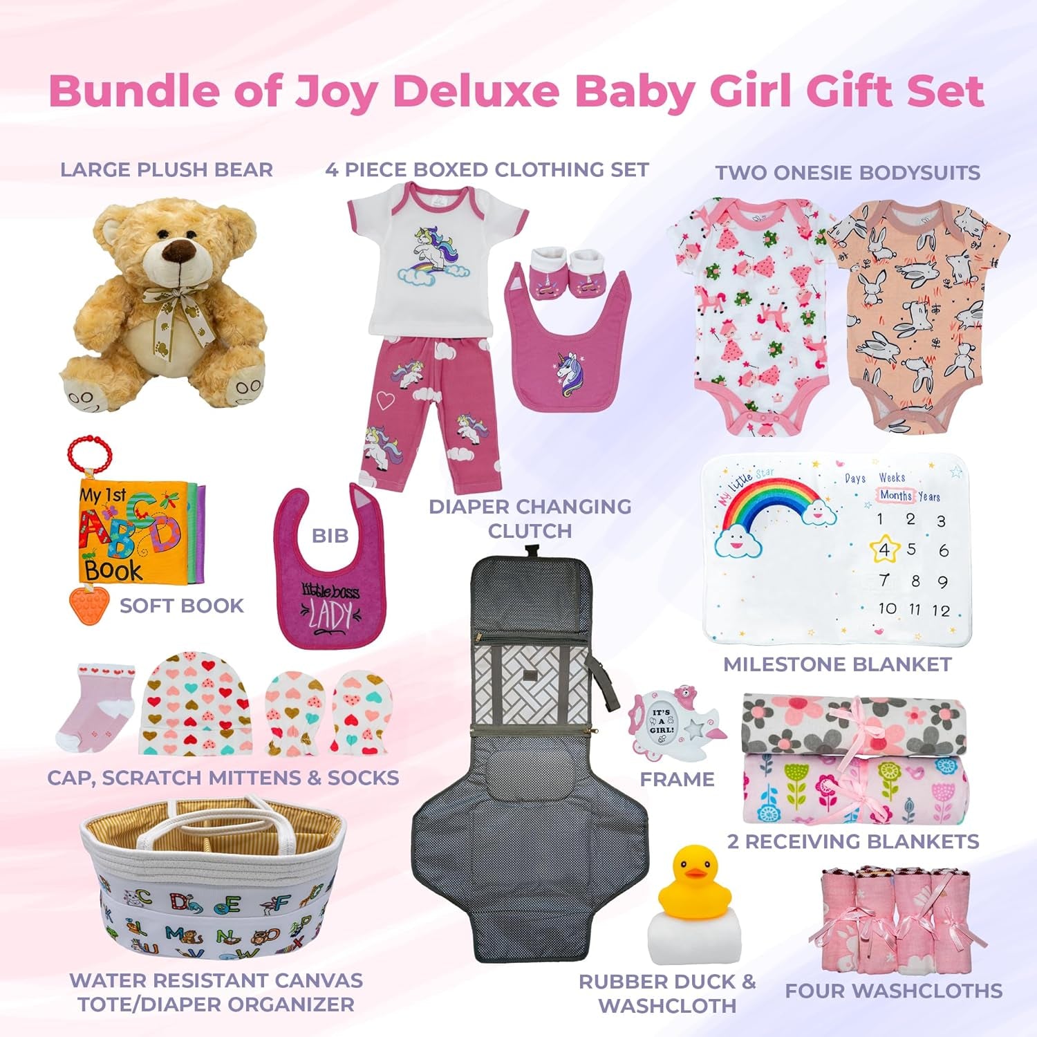 Bundle of Joy Deluxe New Baby Girl Gift Set | Baby Essentials for Expecting Moms & Parents | 25-Piece Newborn Gift Basket Hamper Layette Set for Gender Reveal | Pink -