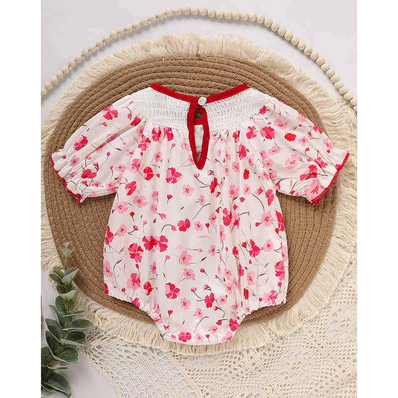Infant Girls' Floral Smocked Romper 'DADDY'S Girl' Embroidery Short Sleeve Crew Neck Adorable Princess Party Bodysuit