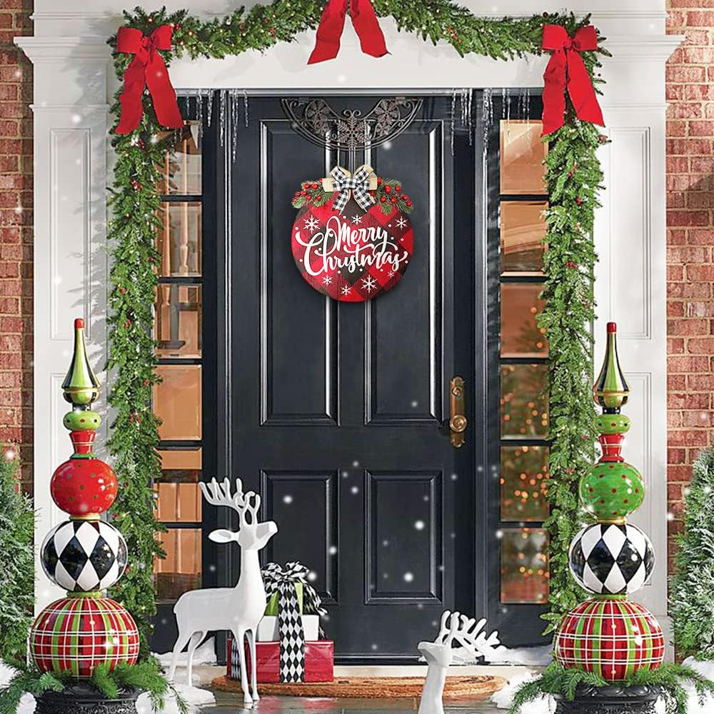 Merry Christmas Decorations Wreath, Merry Christmas Buffalo Plaid Hanging Sign Rustic Wooden Holiday Decor for Front Door Porch Home Window Wall Farmhouse Indoor Outdoor Decorations