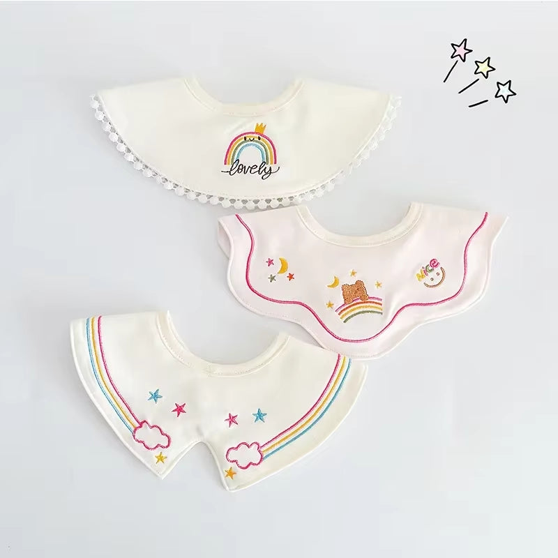 3PCS Korean Cotton Baby Bib Prince Cotton Embroidered Bibs Baby Saliva Towel Boys and Girls Waterproof Flower Fake Collar Bibs