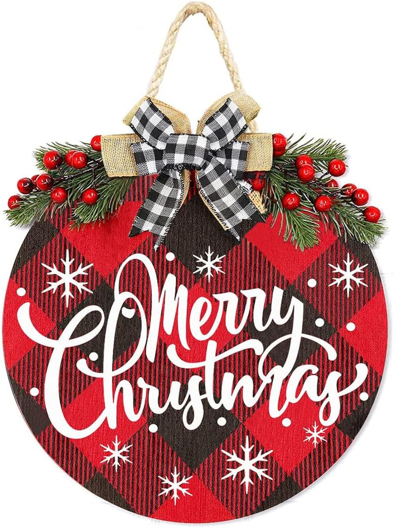 Merry Christmas Decorations Wreath, Merry Christmas Buffalo Plaid Hanging Sign Rustic Wooden Holiday Decor for Front Door Porch Home Window Wall Farmhouse Indoor Outdoor Decorations