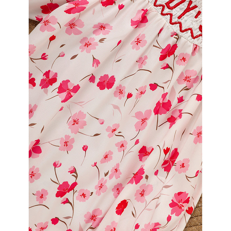 Infant Girls' Floral Smocked Romper 'DADDY'S Girl' Embroidery Short Sleeve Crew Neck Adorable Princess Party Bodysuit