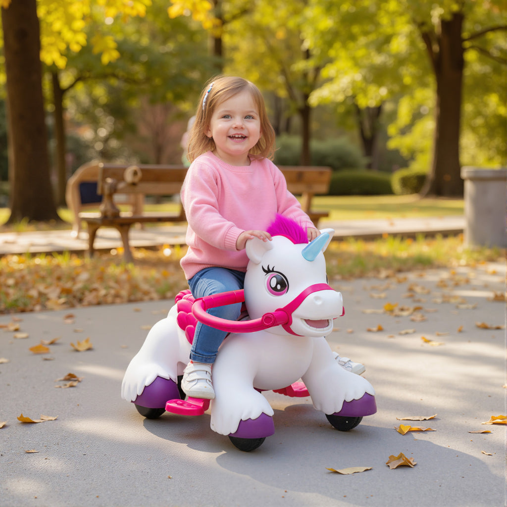 12V Unicorn Ride on Horse with Carrot Toy, Comb, Animal Sounds, for Girls Boys Aged 1.5-3 Years Old