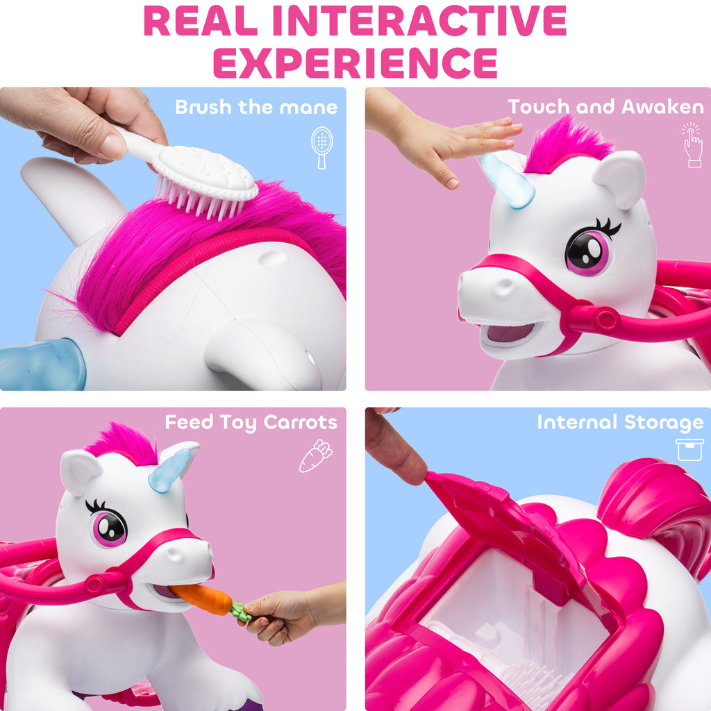 12V Unicorn Ride on Horse with Carrot Toy, Comb, Animal Sounds, for Girls Boys Aged 1.5-3 Years Old