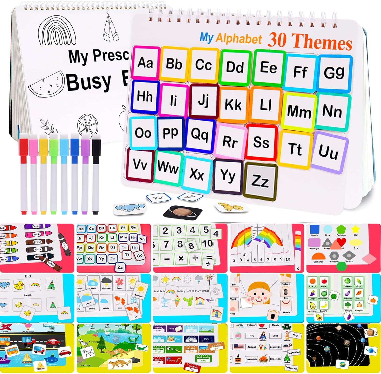 Busy Book for Kids, Montessori Preschool Learning Activities, 30 Themes with 8 Marker, Workbook Activity Binder for Toddlers 1-3, Autism Learning Materials and Tracing Coloring Book, Busytots