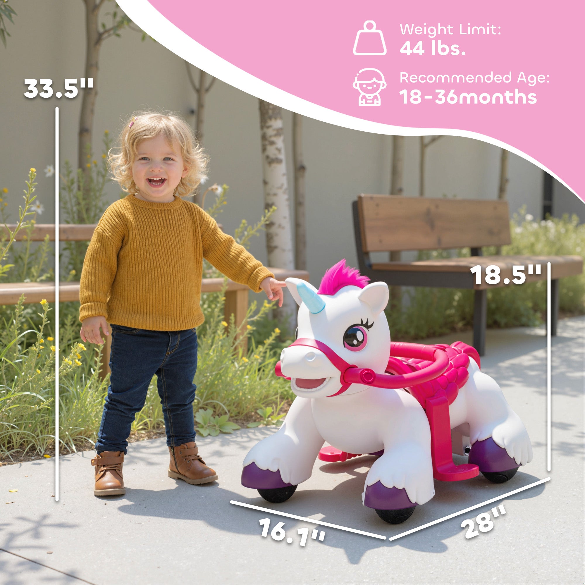 12V Unicorn Ride on Horse with Carrot Toy, Comb, Animal Sounds, for Girls Boys Aged 1.5-3 Years Old