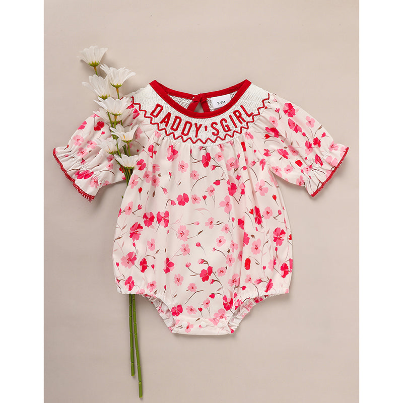 Infant Girls' Floral Smocked Romper 'DADDY'S Girl' Embroidery Short Sleeve Crew Neck Adorable Princess Party Bodysuit