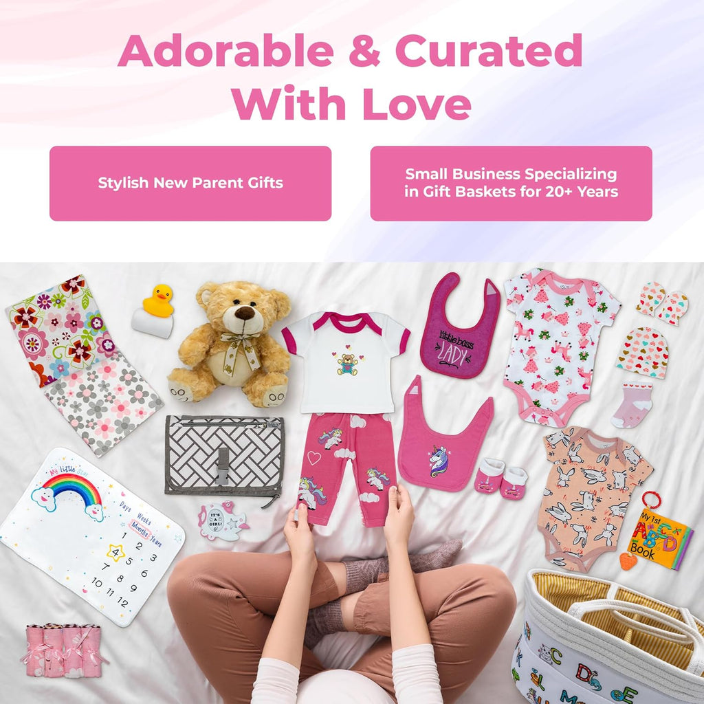 Bundle of Joy Deluxe New Baby Girl Gift Set | Baby Essentials for Expecting Moms & Parents | 25-Piece Newborn Gift Basket Hamper Layette Set for Gender Reveal | Pink -