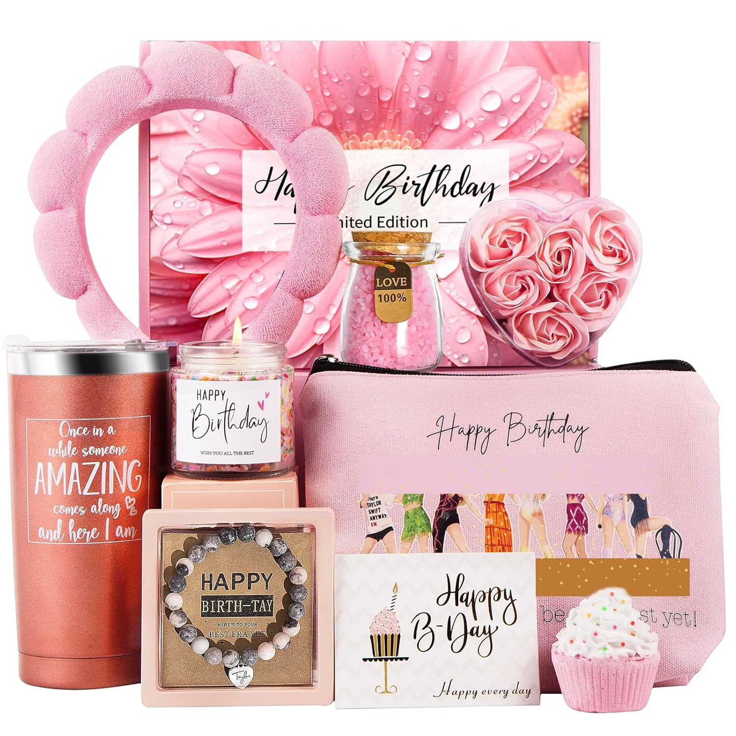 Happy Birthday Gifts: Rose Basket for Women - Friend, Daughter, Sister, Coworker - Bath Spa Gifts Set & Self Care Box