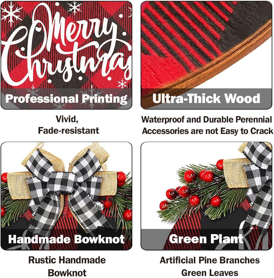 Merry Christmas Decorations Wreath, Merry Christmas Buffalo Plaid Hanging Sign Rustic Wooden Holiday Decor for Front Door Porch Home Window Wall Farmhouse Indoor Outdoor Decorations